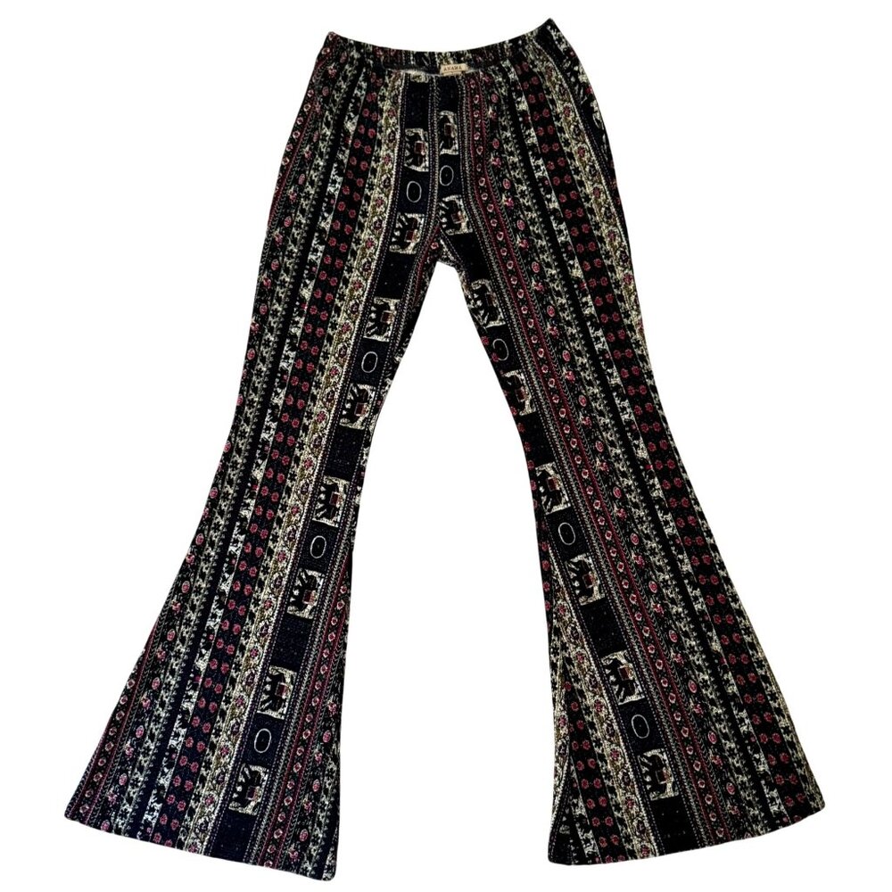 Anama Boho Flare Pants Size Large Tribal Elephant Print Stretch Knit Festival